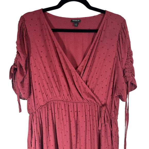 Torrid Midi Swiss Linen Surplice Dress Faux Wrap Burgundy 0 / Large / 12 - Picture 5 of 10